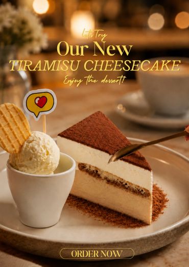 Potongan cheesecake tiramisu baru dengan es krim dan wafer.