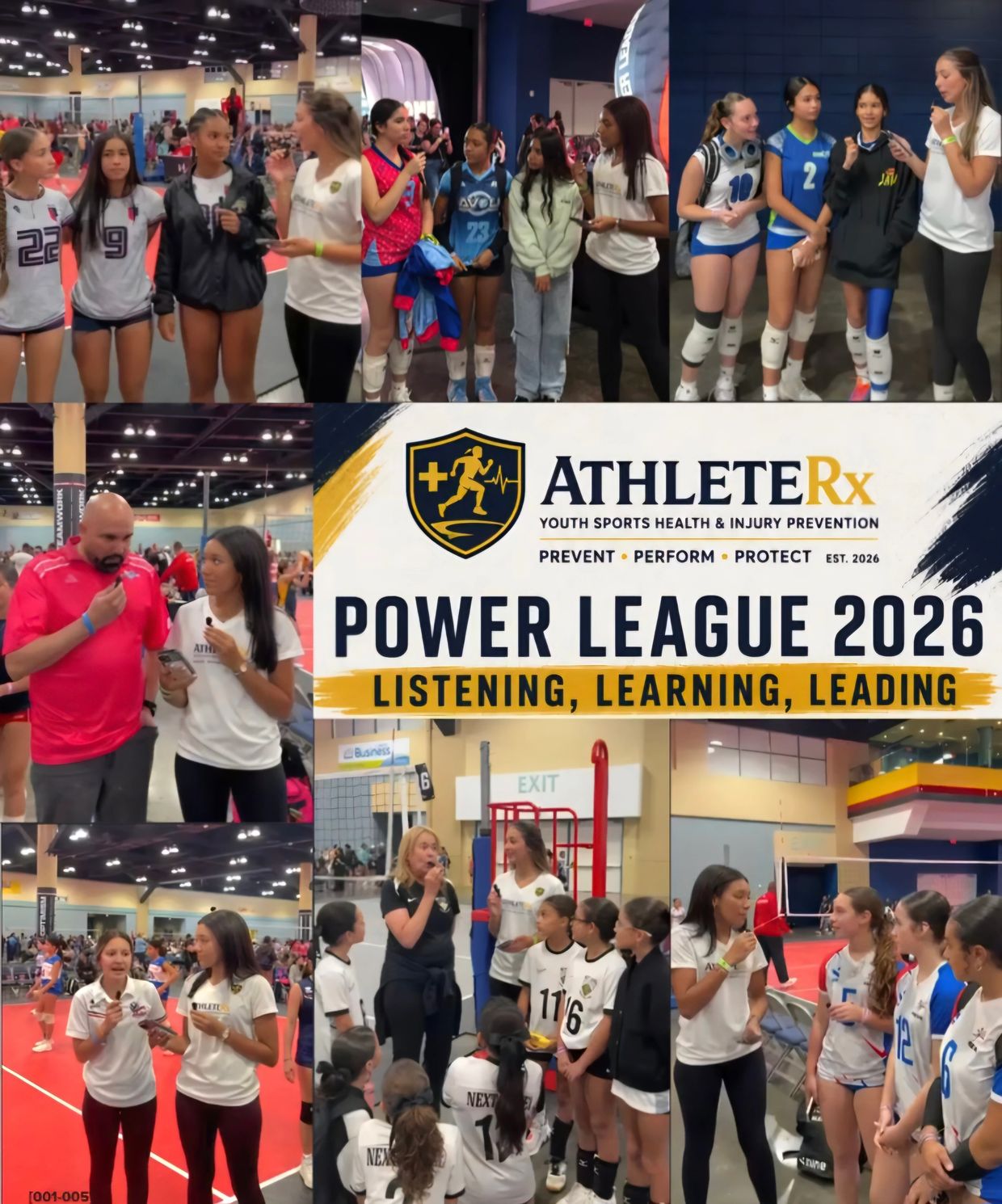 AthleteRx hosts interviews with young volleyball players at Power League 2026 event.