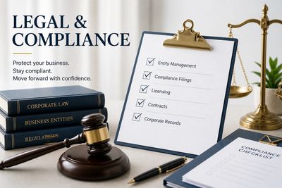 Legal and compliance items checklist with law books and gavel.