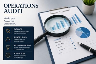 Operations audit tools include magnifying glass, charts, and checklist for evaluating risks and recommendations.