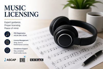 Headphones, music sheet, and pens emphasize music licensing services and compliance support.