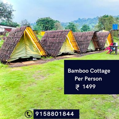 Bamboo cottages lined up in a green open area with pricing and contact details.
