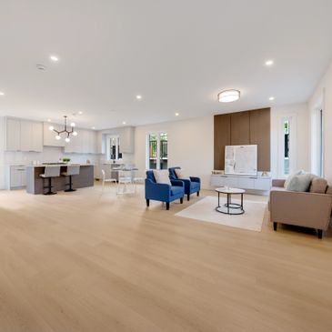 Spacious modern living room with blue chairs and open kitchen.