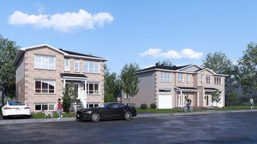 New suburban houses with cars parked and people outside on a sunny day.