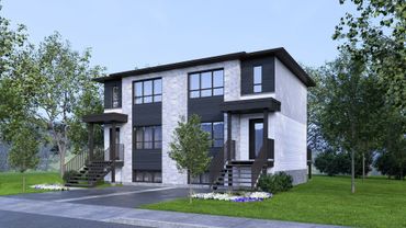 Modern duplex house with black and white exterior and front steps.