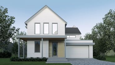 Modern two-story white house with a porch and garage.