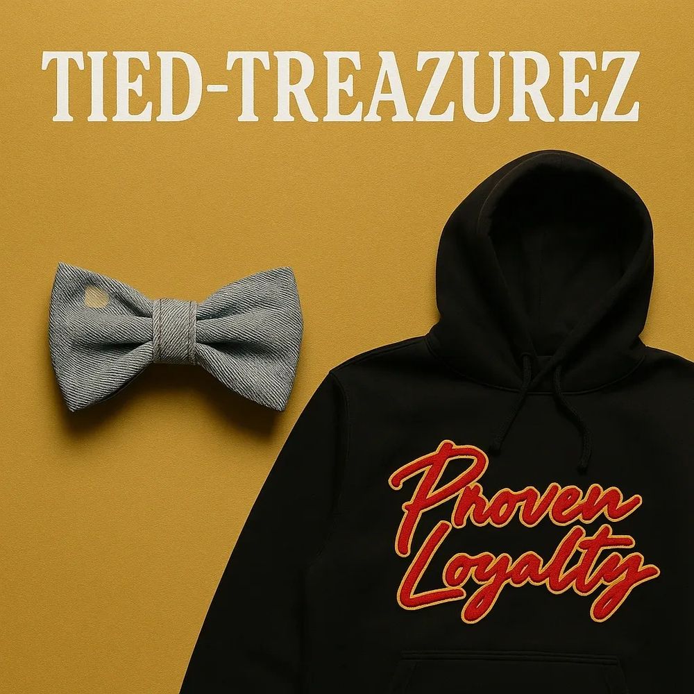 Black hoodie with "Proven Loyalty" text and a gray bow tie on mustard background.
