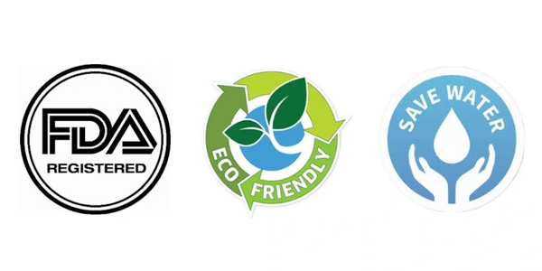 Three different logos of water, fda and eco friendly.
