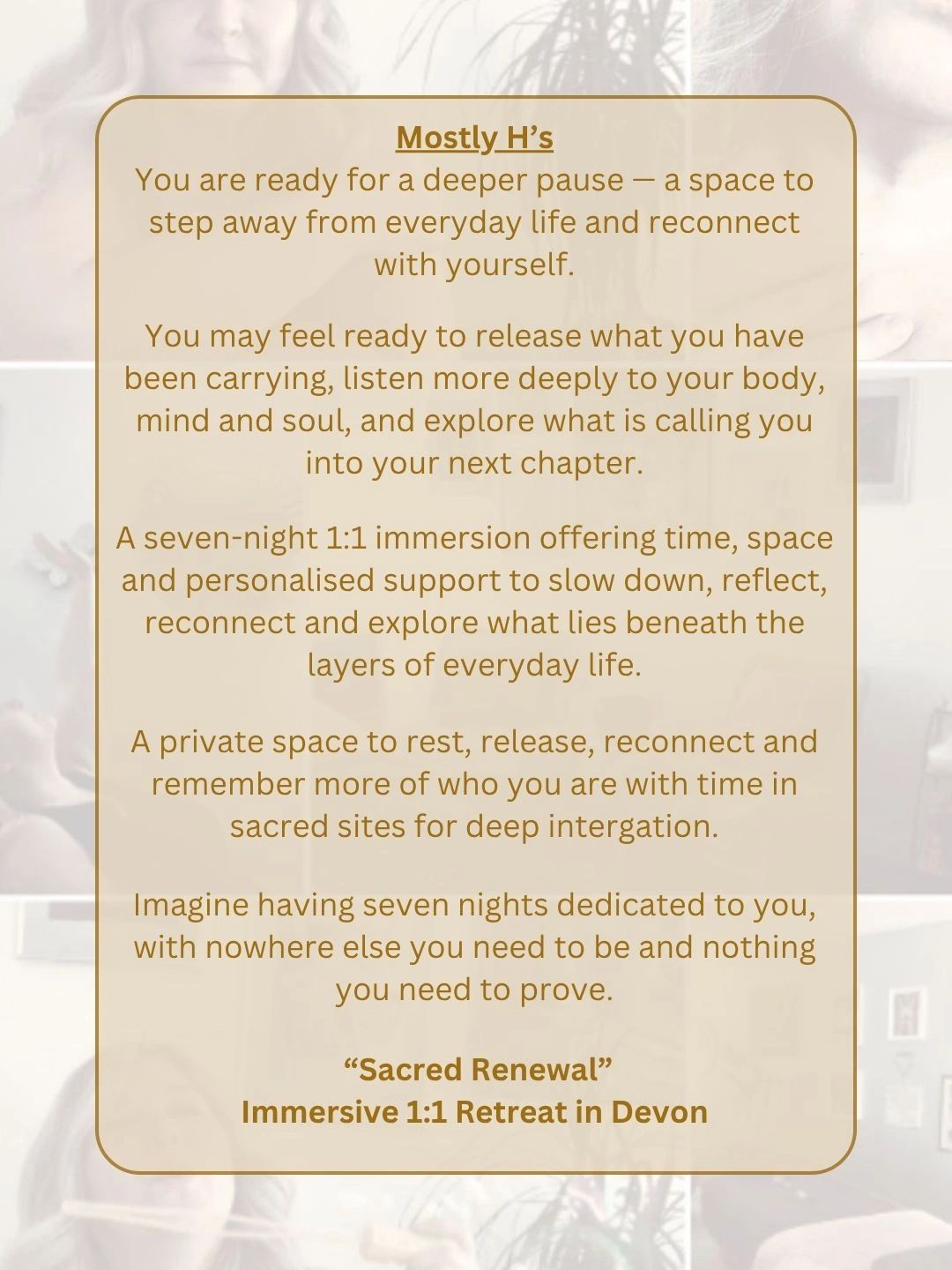 Invitation to a seven-night immersive 1:1 retreat for self-renewal and reflection in Devon.