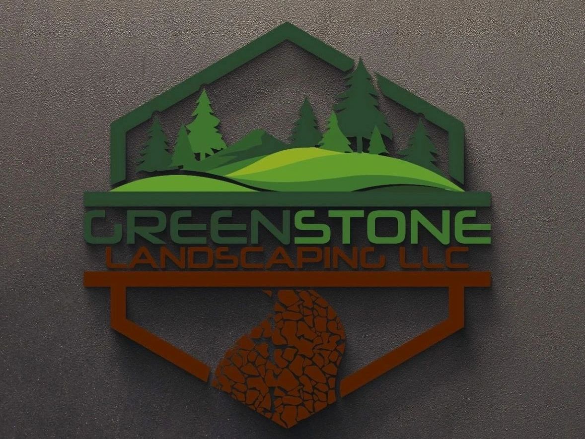 Logo for Greenstone Landscaping LLC with trees, hills, and a cracked stone path.