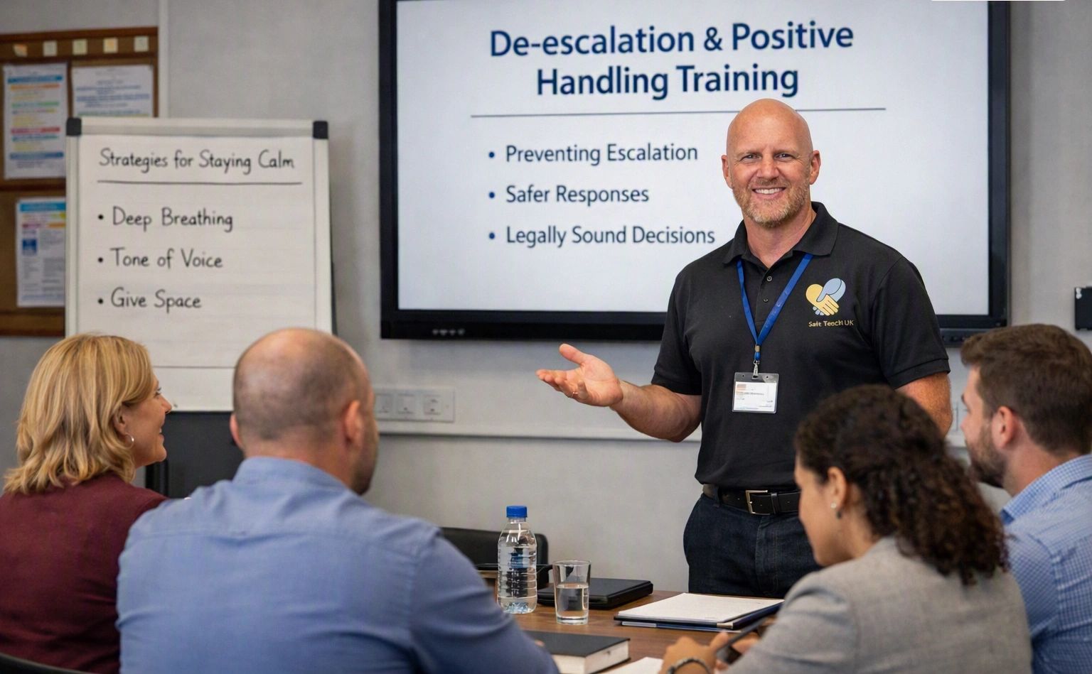 Man leading de-escalation and positive handling training session.