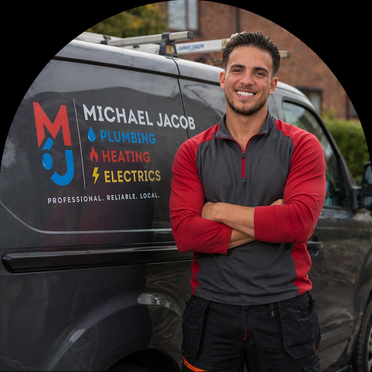 Smiling tradesman stands confidently by his plumbing and electrics service van.