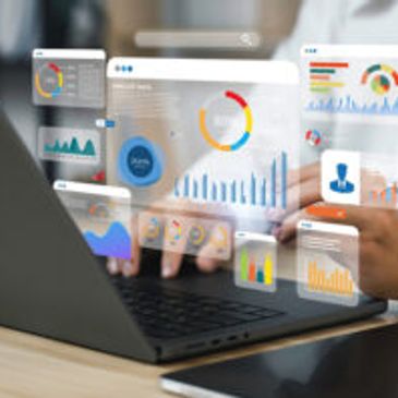 Person analyzing digital data charts on a laptop.
