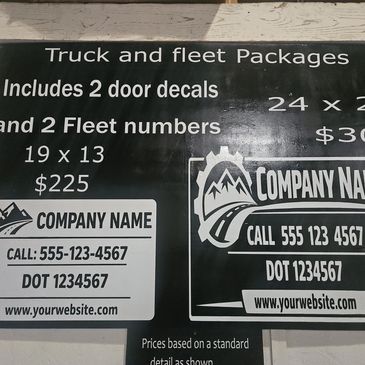Sign showing truck and fleet package details with contact info.