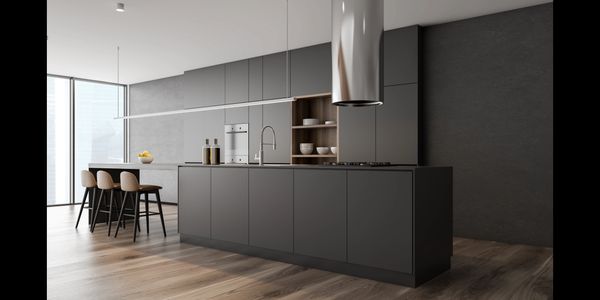 A contemporary kitchen featuring European-style cabinets and countertops in a black finish.