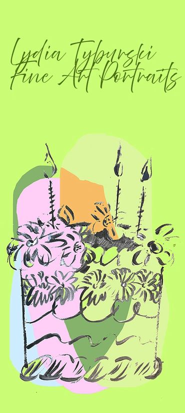 Artistic birthday cake sketch with candles and flowers on a green background.
