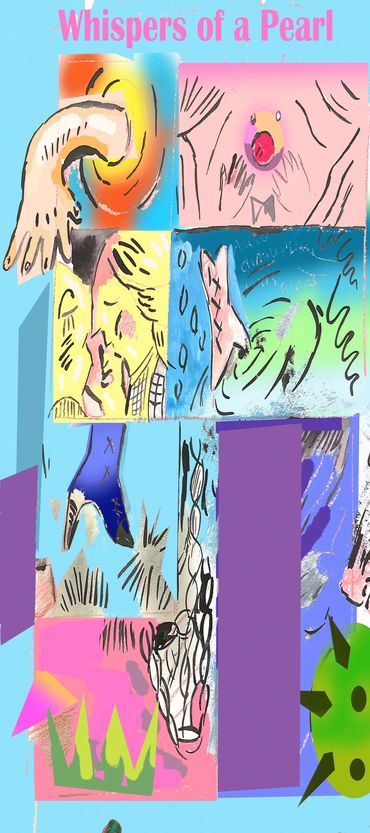 Abstract art collage titled 'Whispers of a Pearl' with vibrant colors and surreal elements.