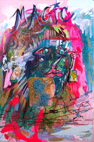 Abstract colorful painting of a face with the word 'MAGIC'.