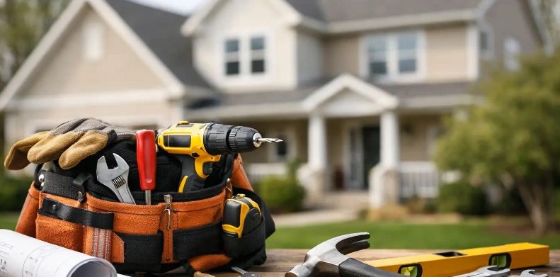 Toolbag with construction tools in front of a house.