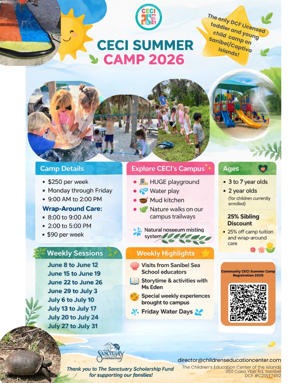 Flyer for CECI Summer Camp 2026 with activities, schedule, and registration details.