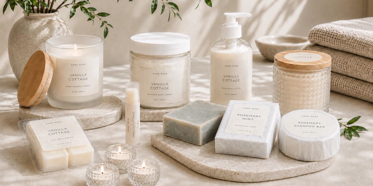 Vanilla Cottage and Rosemary Mint scented body care products arranged aesthetically.