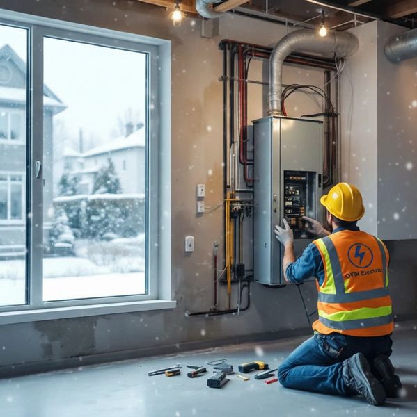 Electrician fixing a panel inside a house during snowfall outside.