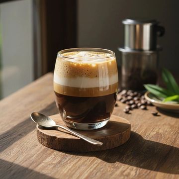 Glass of layered coffee with foam on wooden surface.