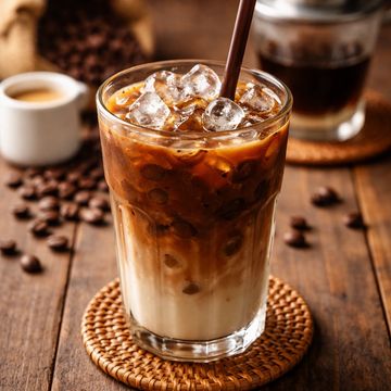 Iced coffee with milk and ice cubes.