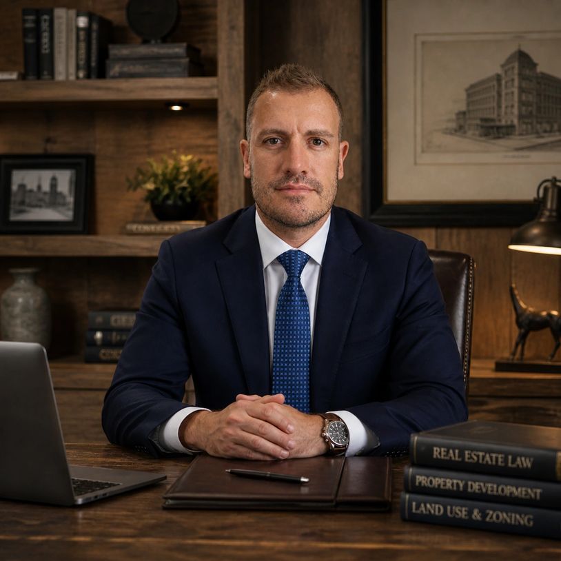Confident lawyer in a suit seated at a desk with legal books and laptop.