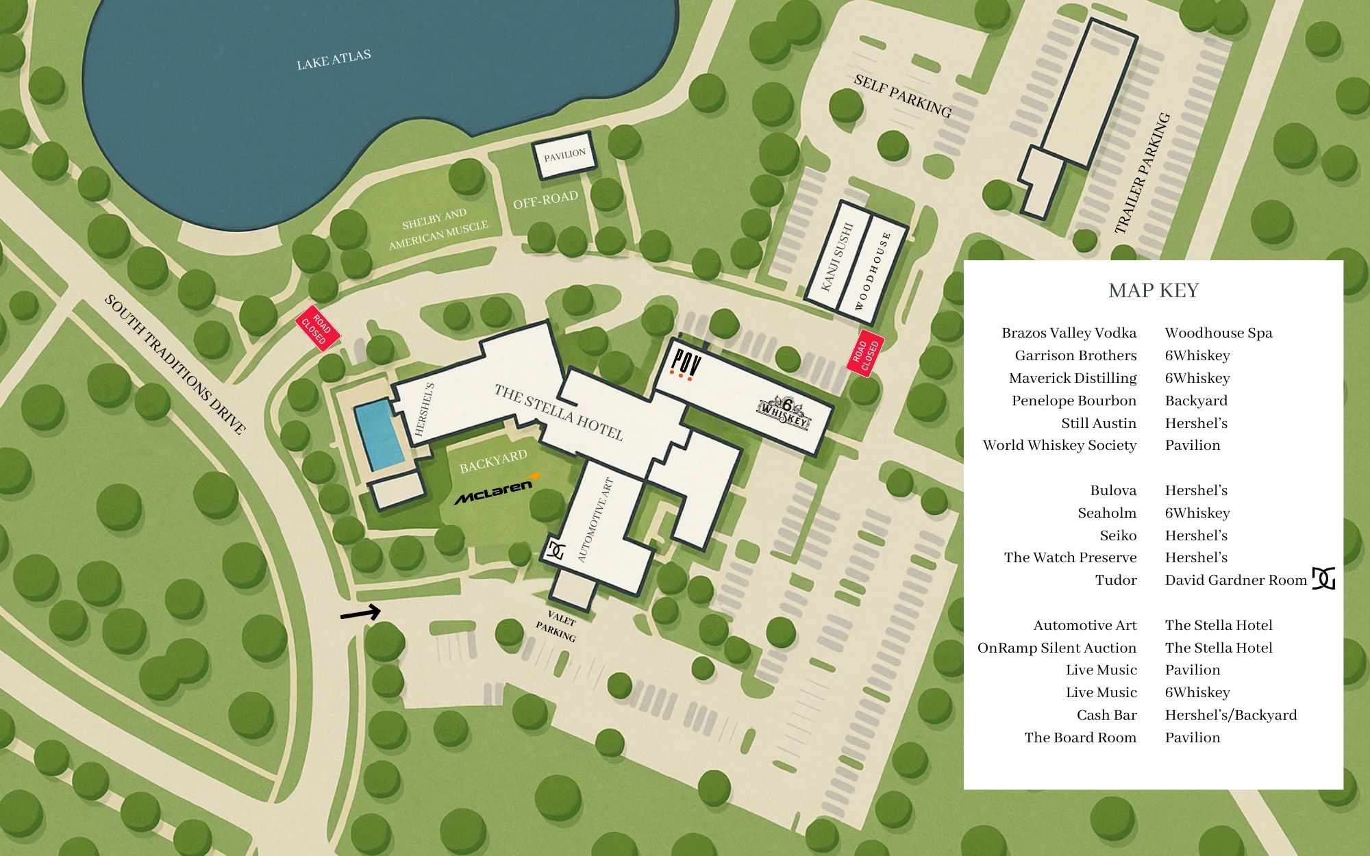 Map of The Stella Hotel area with parking, pavilion, and surrounding roads.