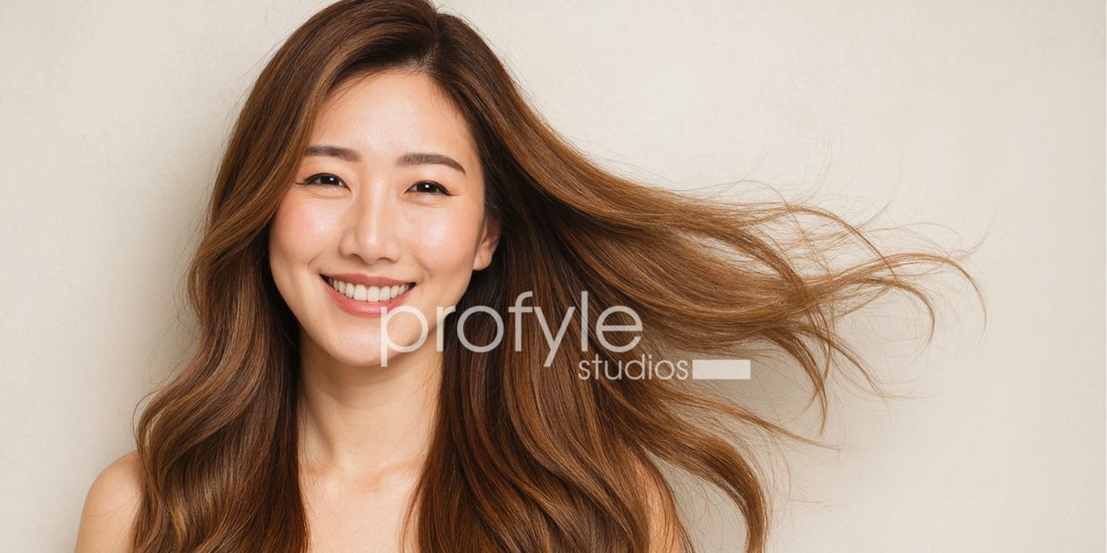 Lady with beautiful brown colored, wavy hair - done at Profyle Studios, Best Hair Salon in Singapore