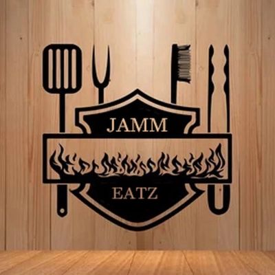 Logo with grilling utensils and flames, reading 'JAMM EATZ'.
