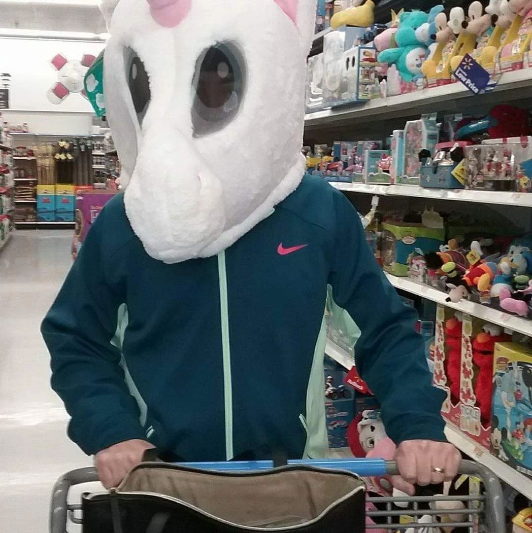 Me wearing a unicorn head shopping at Walmart while looking for my wife down each aisle