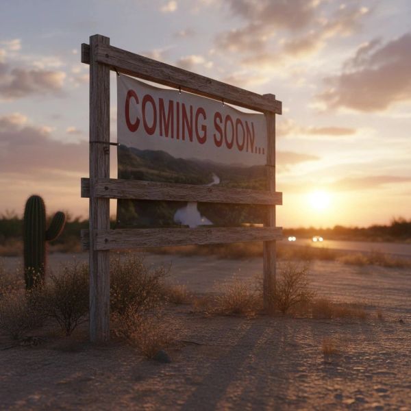 A rustic billboard reading 'COMING SOON...' at sunset in a desert.