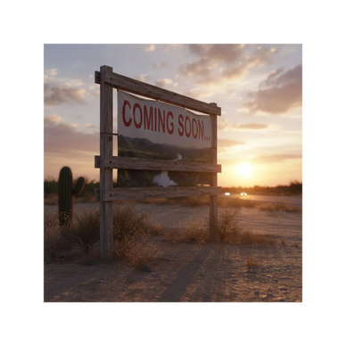 A wooden sign in a desert reads 'COMING SOON' at sunset.