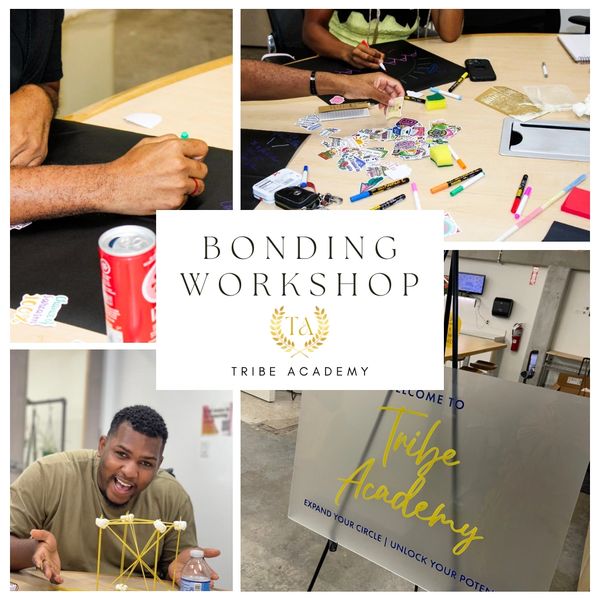 Collage showcasing a Bonding Workshop at Tribe Academy with creative activities and group interaction.