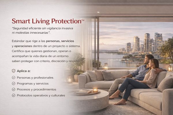 Couple relaxing in a modern living room with cityscape view, promoting Smart Living Protection.