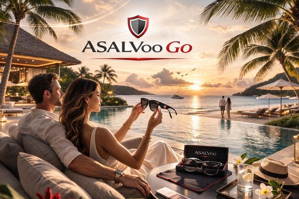 Couple enjoying sunset by the pool with ASALVoo Go sunglasses.