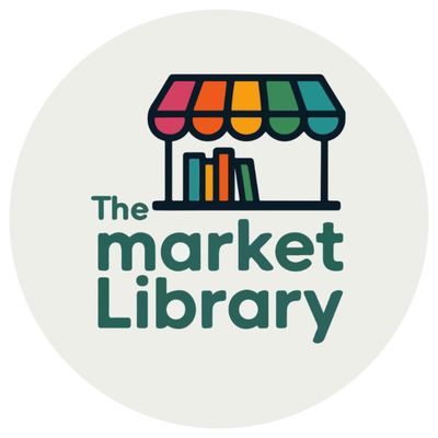 Logo of The Market Library with a colorful awning and books.