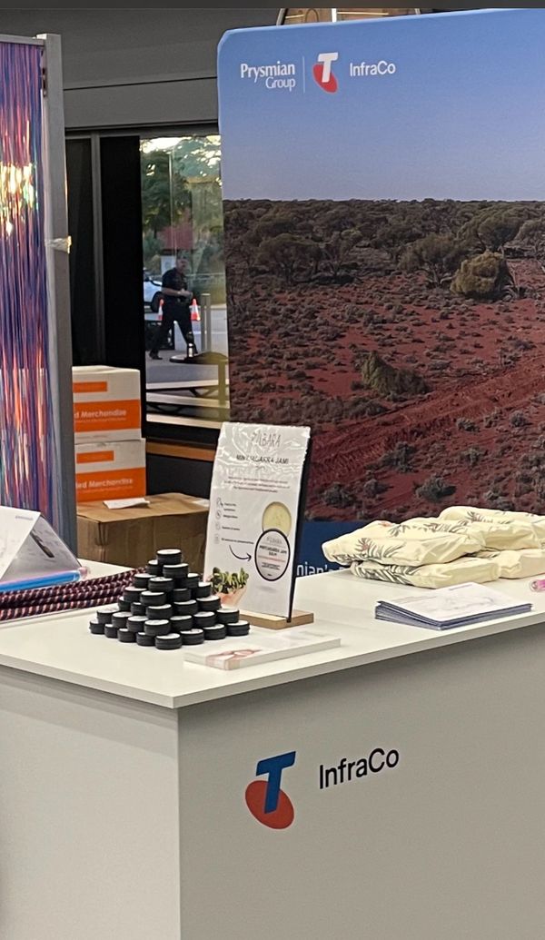 Exhibition booth for Telstra InfraCo with product samples and promotional materials.