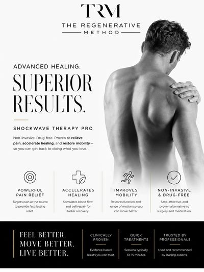 Advertisement for TRM Shockwave Therapy Pro, promoting pain relief and mobility improvement.