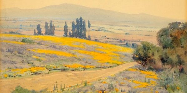 A serene landscape with a yellow flower field and distant hills.