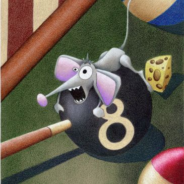 Cartoon mouse on an 8-ball with cheese and billiard cues.