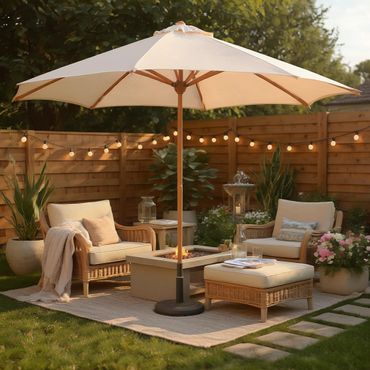 Cozy backyard seating with umbrella and string lights.