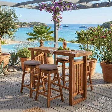 Outdoor wooden bar set with stools overlooking a pool and ocean view.