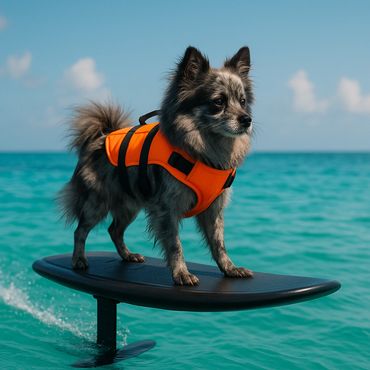 Small dog in an orange life jacket riding a hydrofoil surfboard on the ocean.