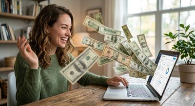 Excited woman celebrates online financial success on laptop.