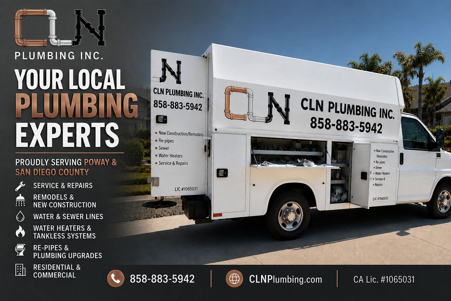 CLN Plumbing service truck serving residential and commercial customers in San Diego Cou