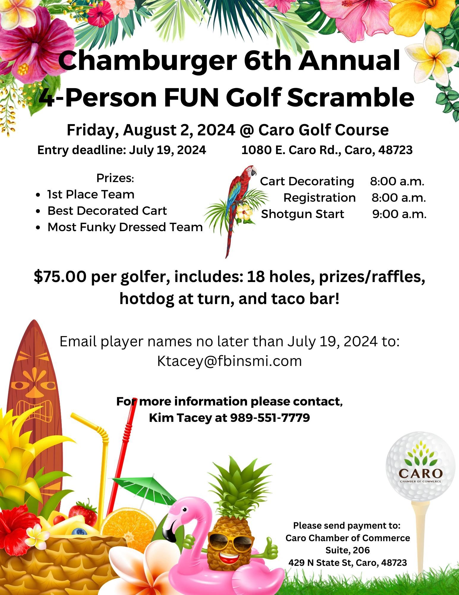 Colorful tropical-themed flyer for Chamburger 6th Annual 4-Person FUN Golf Scramble.