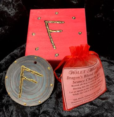 Red and gray runes with a charm bag.